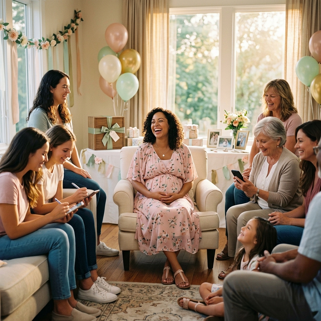 A pregnant woman laughing in an armchair at her baby shower, surrounded by friends and family writing on their phones