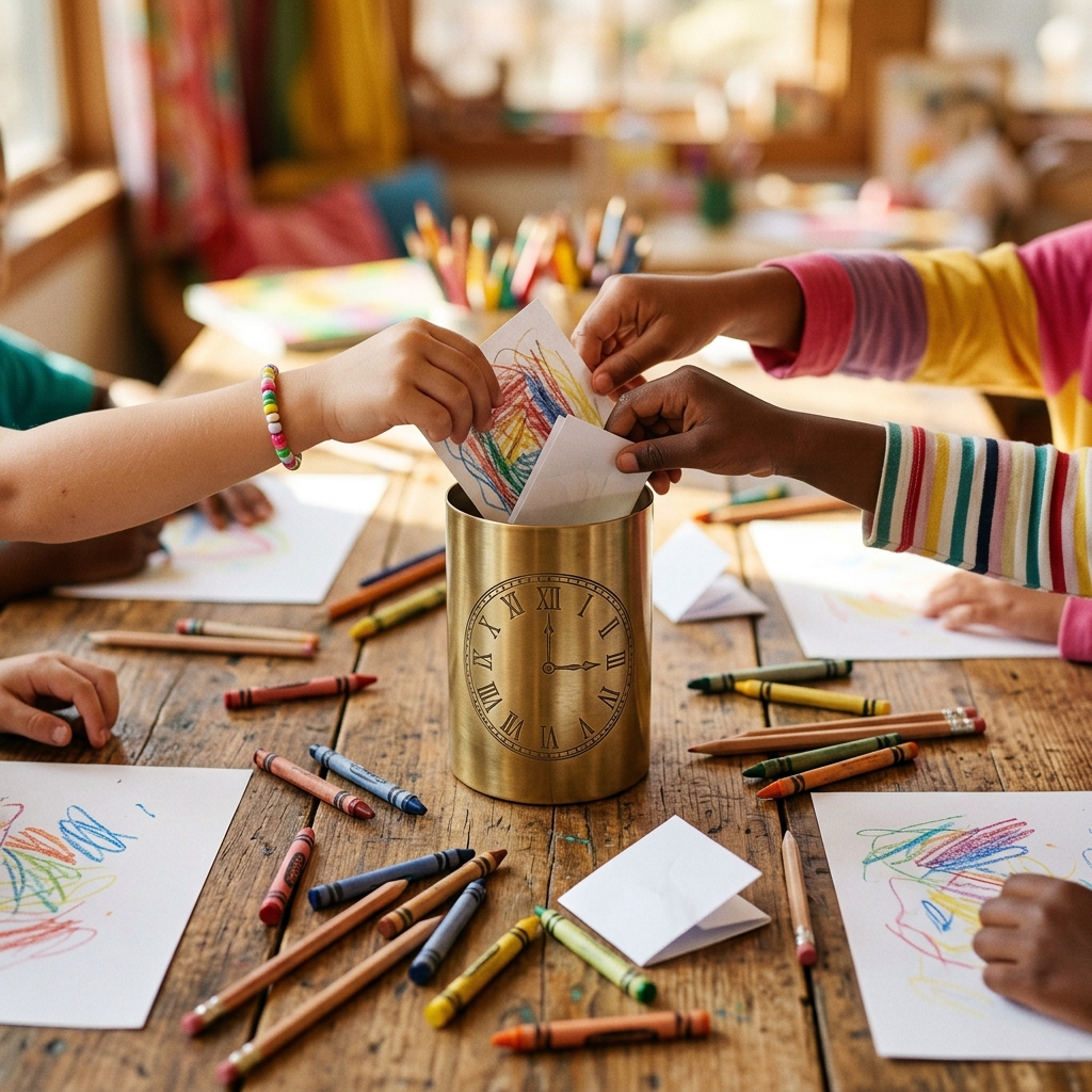 Children's hands putting drawings and folded letters into a brass time capsule on a classroom table covered in crayons