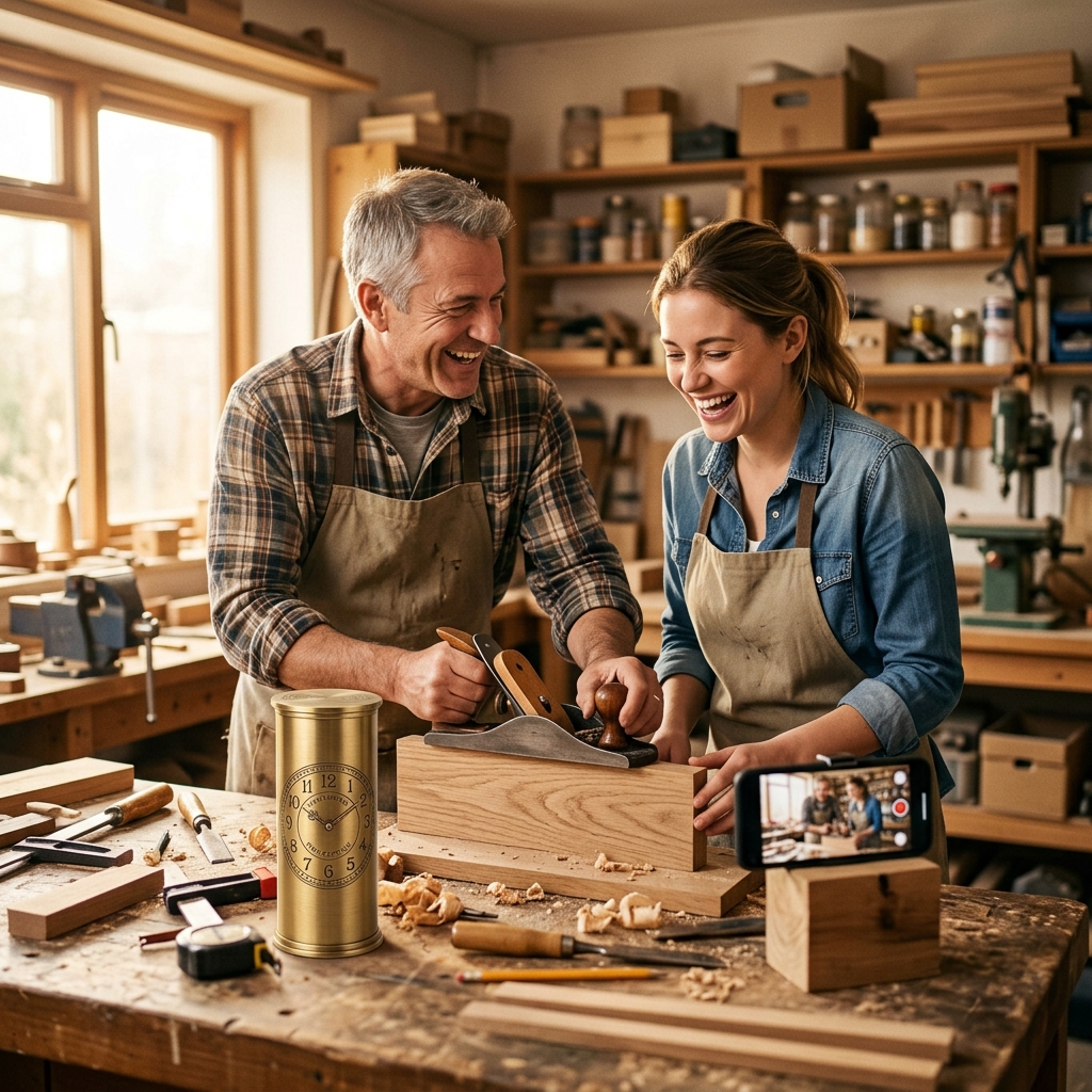 A father showing his daughter how to use a hand plane in his workshop while a phone records them, a brass time capsule on the bench