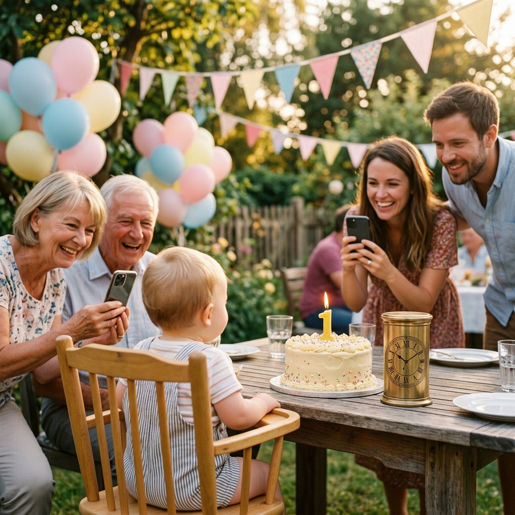 A baby in a high chair, seen from behind, facing a first birthday cake while grandparents and parents film on their phones