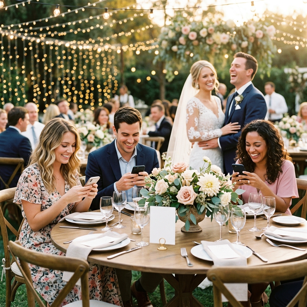 Wedding guests at a reception table writing on their phones while the bride and groom laugh in the background