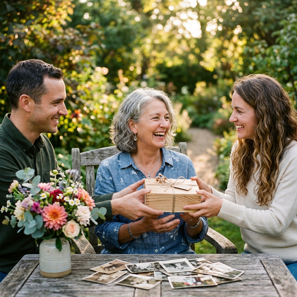 Two adult children handing their mother a wooden box tied with string in a sunlit garden, old family photographs on the table