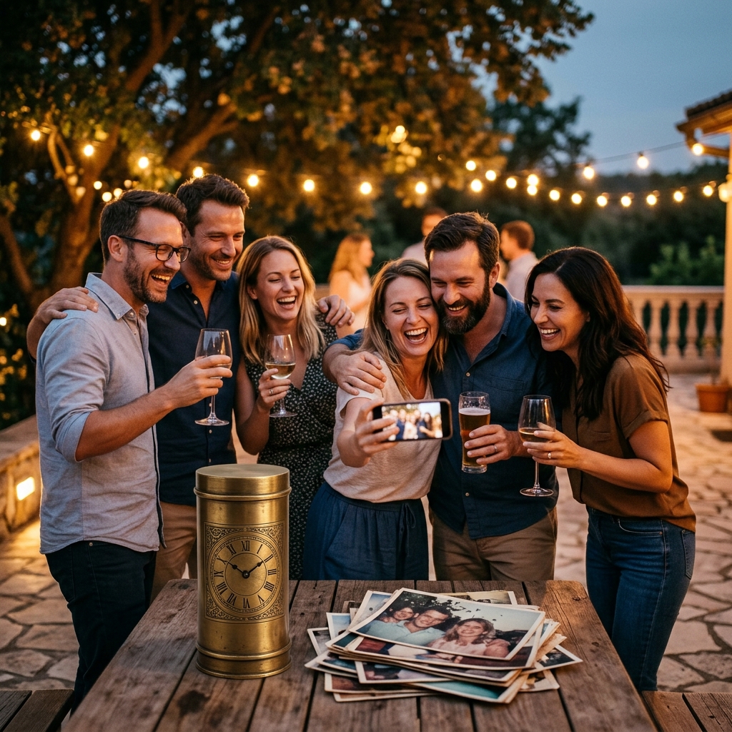 Old classmates laughing together on a terrace at dusk, a brass time capsule and a stack of old photographs on the table in front of them