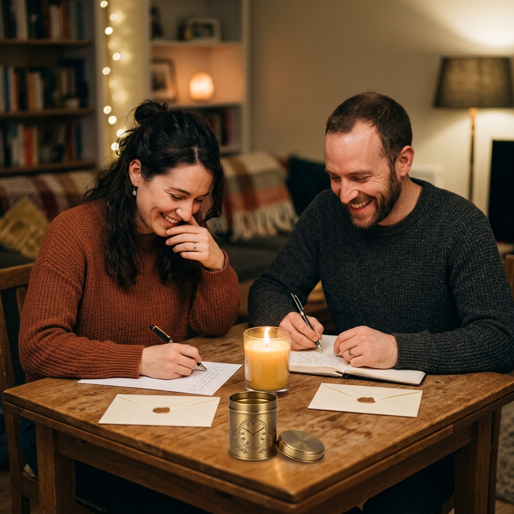 A couple writing letters to each other at a candlelit table, a small brass time capsule open between them